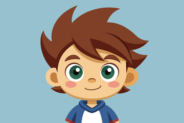 Obraz premium A cartoon boy smiles warmly with brown spiky hair and large green eyes. He is dressed in a blue hoodie over a white shirt, set against a soft blue backdrop.