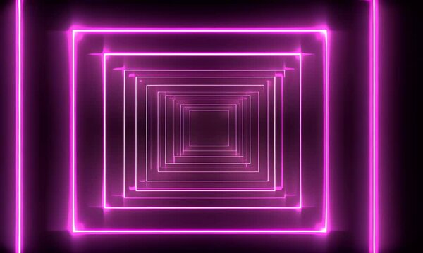 A purple neon light tunnel with a glowing square frame on a black background, in a flat lay composition.