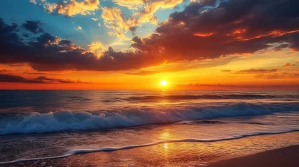 Fototapete Amazing vibrant sunset ocean beach landscape scene golden hour waves sea sky red sand view blue calm © Honey