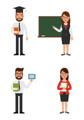 Simple flat design of four teacher characters standing on a white background, colorful, clean, professional, friendly.