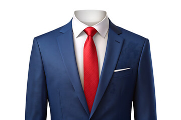 Navy blue business suit with red tie and white shirt, headless professional male outfit template for corporate identity isolated on transparent backgroun