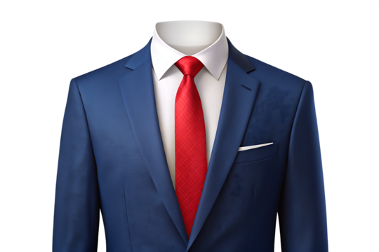 Navy blue business suit with red tie and white shirt, headless professional male outfit template for corporate identity isolated on transparent backgroun