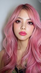 Fototapeta premium Stunning Asian Woman with Long Pink Hair and Delicate Makeup Beautiful Model Portrait