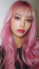 Fototapeta premium Stunning Asian Woman with Long Pink Hair and Trendy Makeup A Close up Portrait