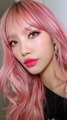 Fototapeta premium Stunning Young Woman with Pink Hair and Makeup Close up Portrait