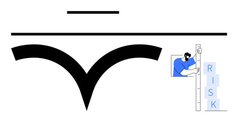 Minimalist composition with bold graphic curves, figure scaling blocks marked RISK, symbolizing balance, assessment, and overcoming challenges. Ideal for leadership, strategy, growth, or a simple
