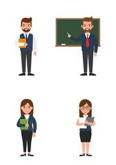 Simple flat design of four teacher characters standing on a white background, colorful, clean, professional, friendly.
