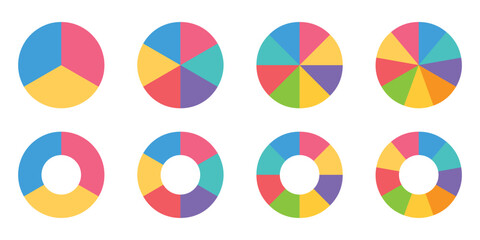 Pie charts diagrams. Pie chart set. Circle section graph. Different color circles isolated. Infographic element round shape. Vector illustration