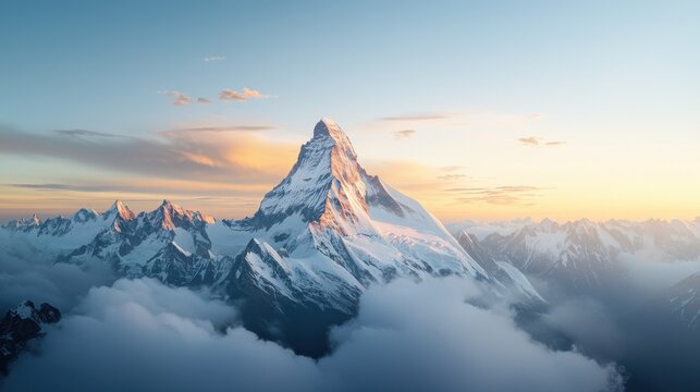 Majestic snow-capped mountain peak rises above clouds at sunrise, surrounded by a serene mountain range and glowing sky.