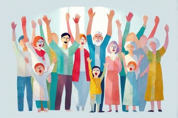 Obraz premium Diverse group of joyful people of different ages raising their hands together in celebration with smiles and cheerful expressions on a light background