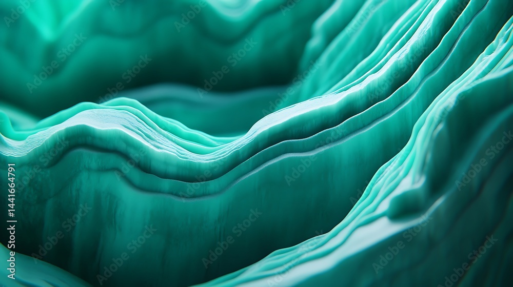 Poster abstract image of teal and green undulating layers creating a three dimensional textured effect. the