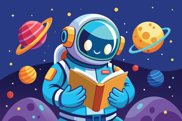 An astronaut stands on a rocky surface, joyfully reading a book under a starry sky, surrounded by vibrant planets and cosmic elements in space.