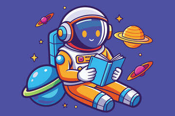 An astronaut sits calmly in the cosmos, reading a book as vibrant planets and twinkling stars fill the background, creating a whimsical, peaceful atmosphere.
