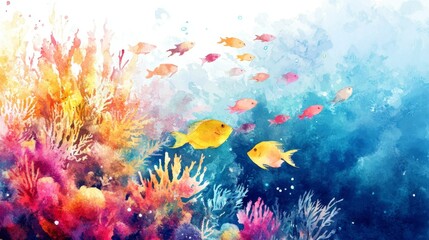 Fototapeta premium Underwater life vibrant coral reef ocean depths watercolor art colorful marine scene artistic perspective