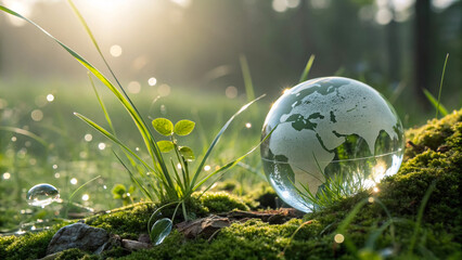 A crystal globe rests on lush green moss symbolizing Earth s delicate beauty and urgent need on transparent background