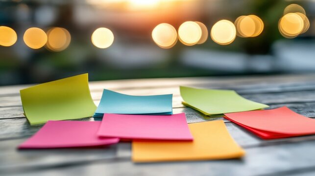 Colorful sticky notes scattered on a wooden surface.