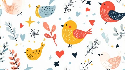 Colorful bird patterns nature scene digital illustration playful environment artistic viewpoint charming concept