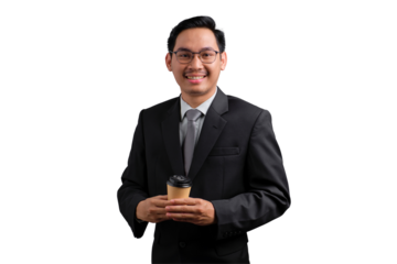 Happy Asian businessman in suit holding coffee cup and smiling, isolated on transparent background