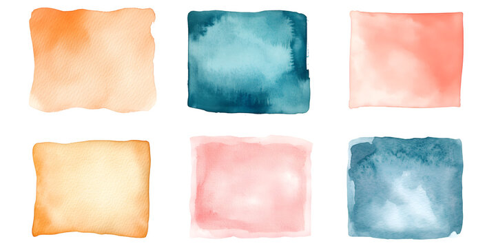 Watercolor Textured Background: A series of rectangular watercolor washes in a palette of warm, cool, and muted colors, offering versatile design elements. Capturing the subtlety of the art form.