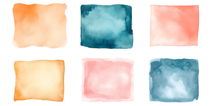 Watercolor Textured Background: A series of rectangular watercolor washes in a palette of warm, cool, and muted colors, offering versatile design elements. Capturing the subtlety of the art form.