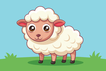 Obraz premium A cheerful cartoon sheep with fluffy wool and expressive eyes stands on vibrant green grass under a bright blue sky, radiating a playful and friendly atmosphere.