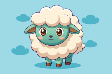 Obraz premium A charming cartoon sheep with a fluffy white coat and big brown eyes stands against a light blue backdrop filled with fluffy clouds, perfect for playful content.