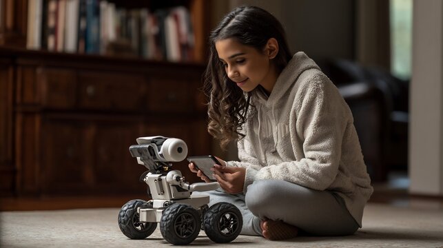 Young woman interacting with a wheeled robot using a tablet indoors