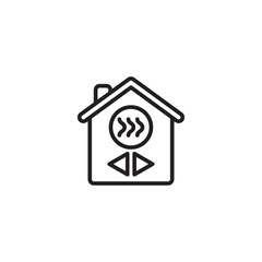 Smart home heating icon. A house outline contains a circle with radiating heat waves and up/down arrow controls, representing automated temperature adjustment.