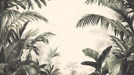 Lush tropical foliage against a calm, misty backdrop, creating a serene and exotic ambiance.