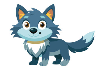 A friendly cartoon wolf with blue fur and bright eyes stands on a plain background, perfect for children's stories or educational materials about wildlife.