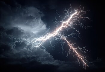 Powerful double lightning bolts striking through dark, stormy clouds illuminating a nighttime sky with intense energy and dramatic atmosphere