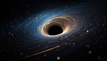 Dark swirling vortex surrounded by glowing blue and golden light trails resembling a cosmic black hole with sparkling particles in deep space