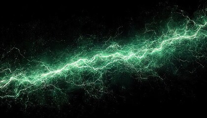 Bright green electric lightning bolt crackling energetically against a dark black background creating a vivid and dynamic energy flow atmosphere