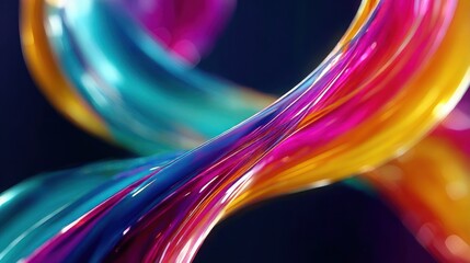Close-up of intertwined glossy ribbons in vibrant colors including pink, yellow, blue, and purple against a dark background, creating a dynamic and fluid visual with a sense of motion and energy