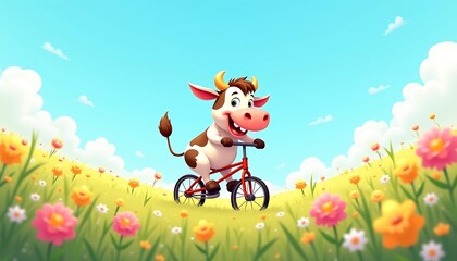 Cartoon Cow Riding a Bicycle Through a Flower Field on a Sunny Day