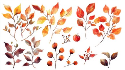 Autumn leaves and berries watercolor illustration in warm, earthy hues.