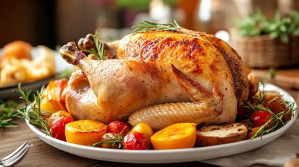 Fototapeta premium Thanksgiving feast roasted turkey with seasonal vegetables home kitchen food photography cozy ambiance culinary delight