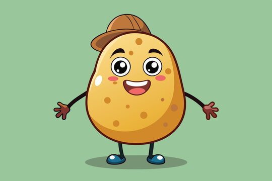 A joyful cartoon potato character is smiling while wearing a cap and shoes, exuding a sense of fun and friendliness in a vibrant green setting.