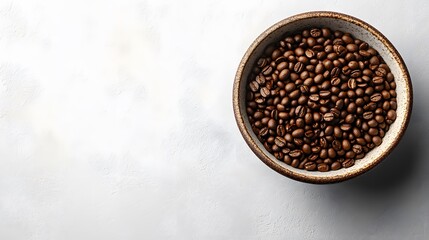 Fototapeta premium White background with coffee beans and a cup of espresso on the right side, a flat lay banner for commercial use, with a copy space concept. Top view, high-resolution photography, minimalist style, wh