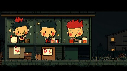 Pixel art illustration of three children enjoying snacks inside a small building at night. The scene is dark, with warm light emanating from inside. The children are depicted with simple features