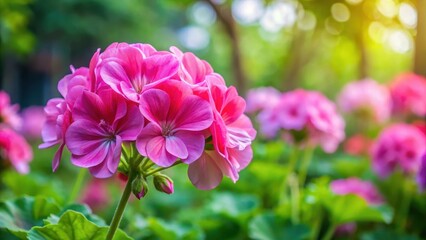 Obraz premium Vibrant pink geranium inflorescence in a lush garden setting, flowers, botany