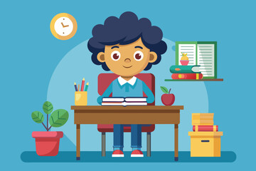 A young child sits at a desk, attentively reading a book. The cheerful environment features a clock, potted plant, and shelves filled with books, creating a study-friendly space.