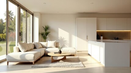 Fototapeta premium Sunlit Modern Open-Plan Living Space with Neutral Tones and Expansive Glass Doors
