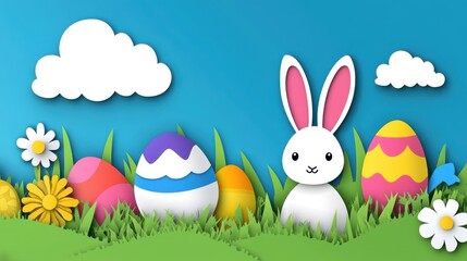 Happy Easter banner with paper cut clouds, rabbit, colored egg and spring grass, blue sky background, papercut craft art. Place for text. Sale concept voucher template, bunny hare ears.