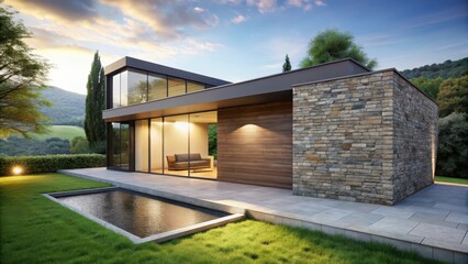 Fototapeta premium Modern minimalist home with stone wall and stunning natural view, Modernism, Architecture