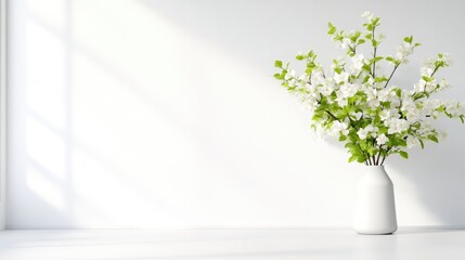 Fototapeta premium Minimalist white vase with green branches and white flowers on a table against a white wall with soft window shadows.