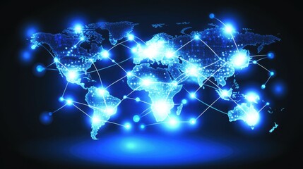 Global network connections shown on a glowing world map.