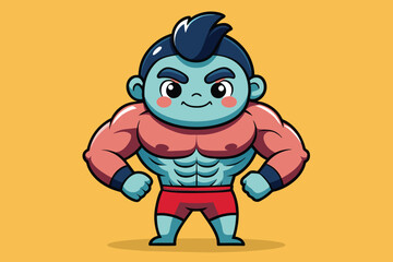 Obraz premium A cartoon character with an enthusiastic expression showcases impressive muscles while standing in bright red shorts, set against a cheerful yellow backdrop.