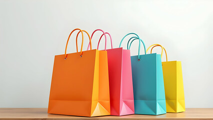 Assorted Colorful Shopping Bags in Pyramid Stack on Wooden Table Isolated