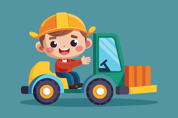 Naklejka premium A cheerful boy in a hard hat enjoys driving a colorful toy construction vehicle, showcasing creativity and imagination in a playful animated setting.